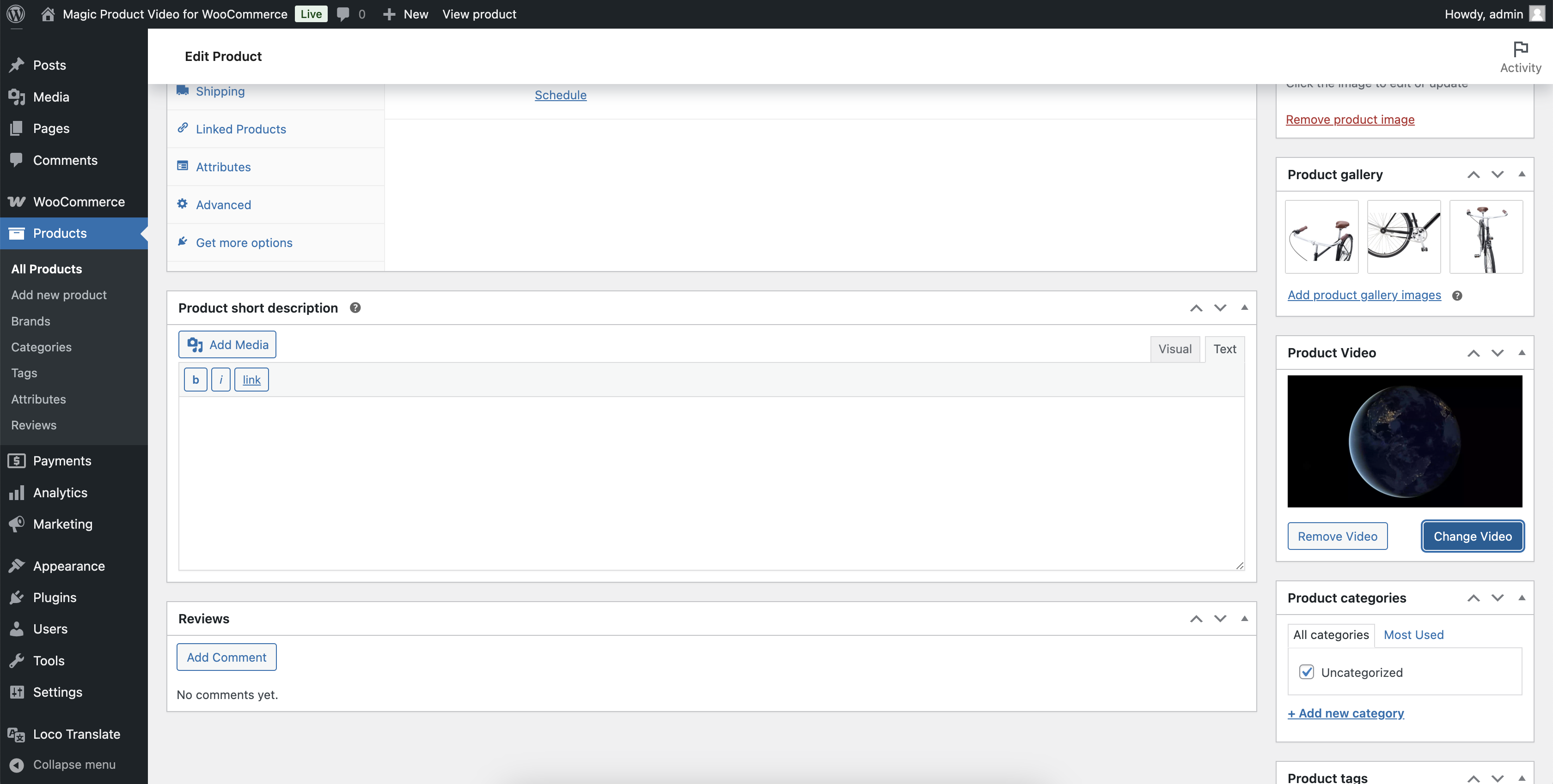 The WooCommerce product editor showing the Magic Product Video panel with an uploaded video next to the product gallery