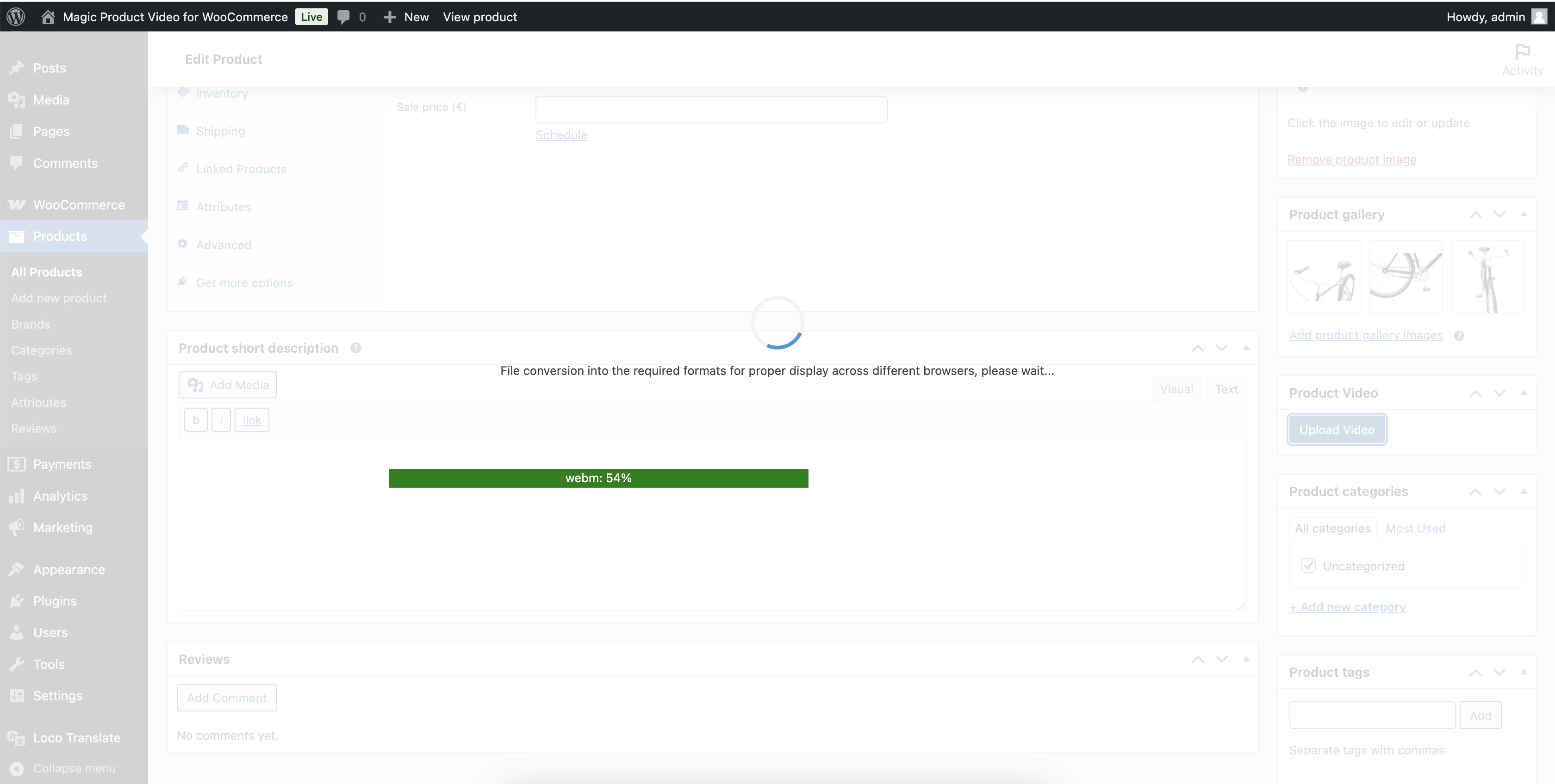 Live conversion progress bar showing a WebM file being processed at 54% inside the product editor