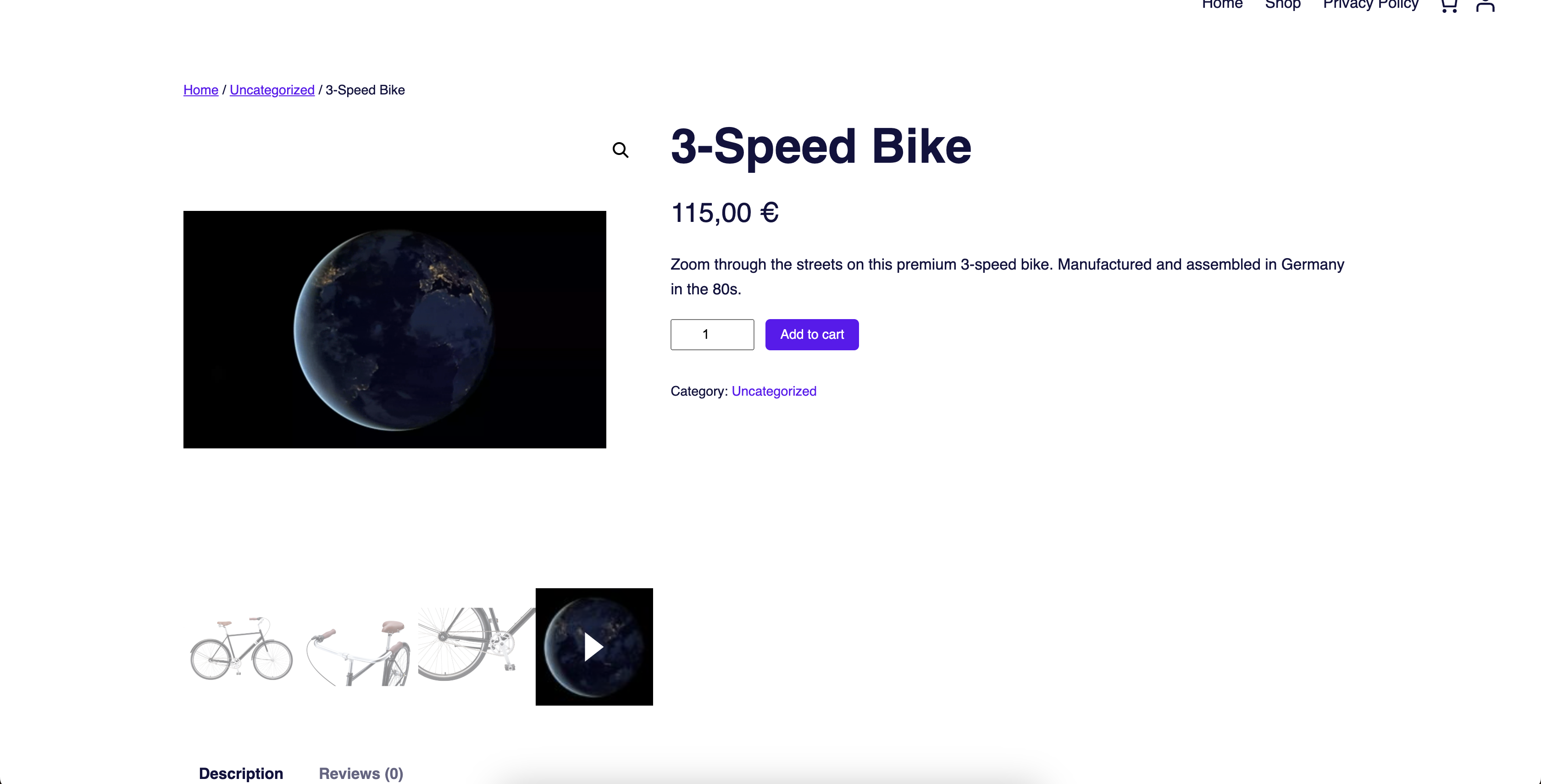 A WooCommerce storefront product page with a video thumbnail and play button in the gallery thumbnails row