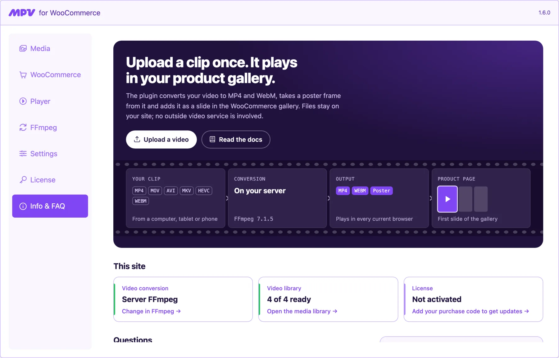The Info and FAQ overview with conversion, library and license status