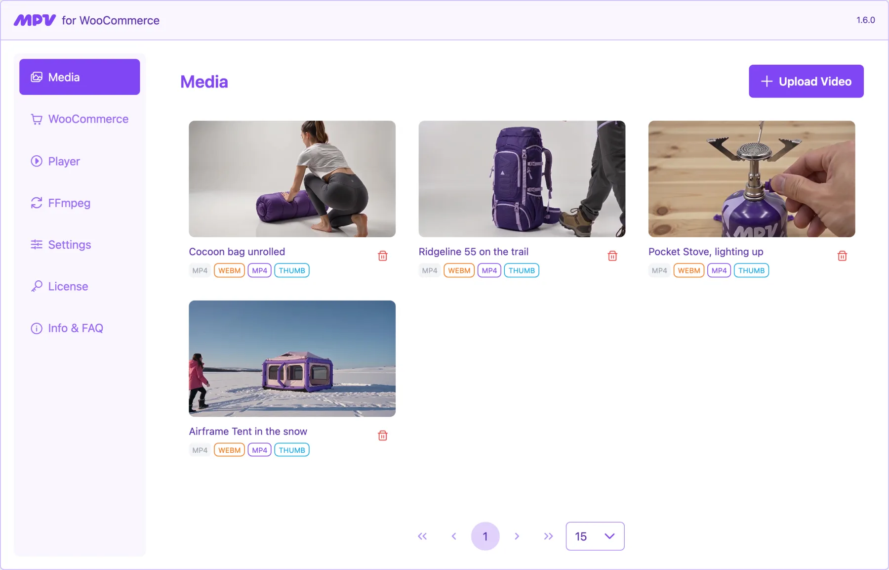 The Media screen: four product clips with MP4, WebM and thumbnail tags